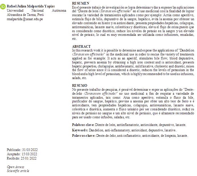 Rafael Julian Malpartida Yapias
Universidad Nacional Autónoma Altoandina de Tarma, Perú
rmalpartida@unaat.edu.pe






























Publicado: 31/03/2022
Aceptado: 15/03/2022
Recibido: 25/01/2022
                           
Open Access
Scientific article



