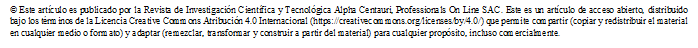 © Este artículo es publicado por la Revista de Investigación Científica y Tecnológica Alpha Centauri, Professionals On Line SAC. Este es un artículo de acceso abierto, distribuido bajo los términos de la Licencia Creative Commons Atribución 4.0 Internacional (https://creativecommons.org/licenses/by/4.0/) que permite compartir (copiar y redistribuir el material en cualquier medio o formato) y adaptar (remezclar, transformar y construir a partir del material) para cualquier propósito, incluso comercialmente.